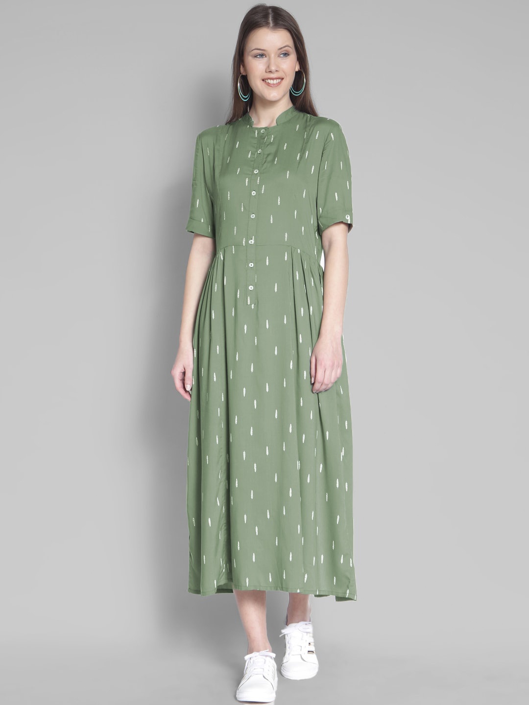 

RARE Printed Roll-Up Sleeves A-Line Midi Dress, Green