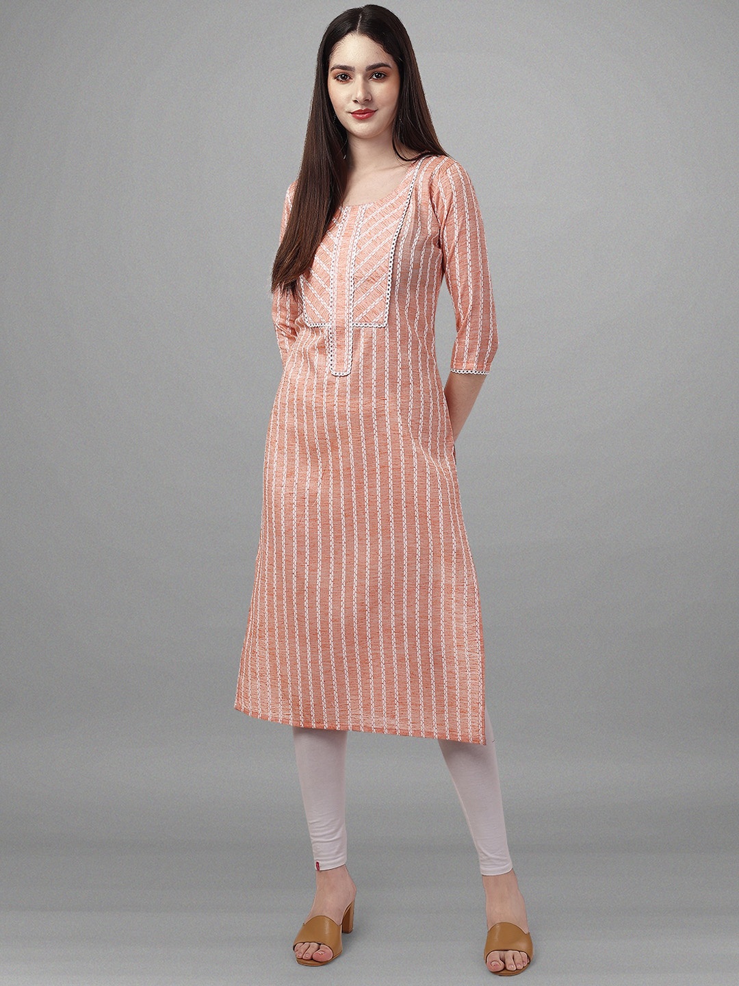 

MotiHamir Striped Thread Work Pure Cotton Kurta, Peach