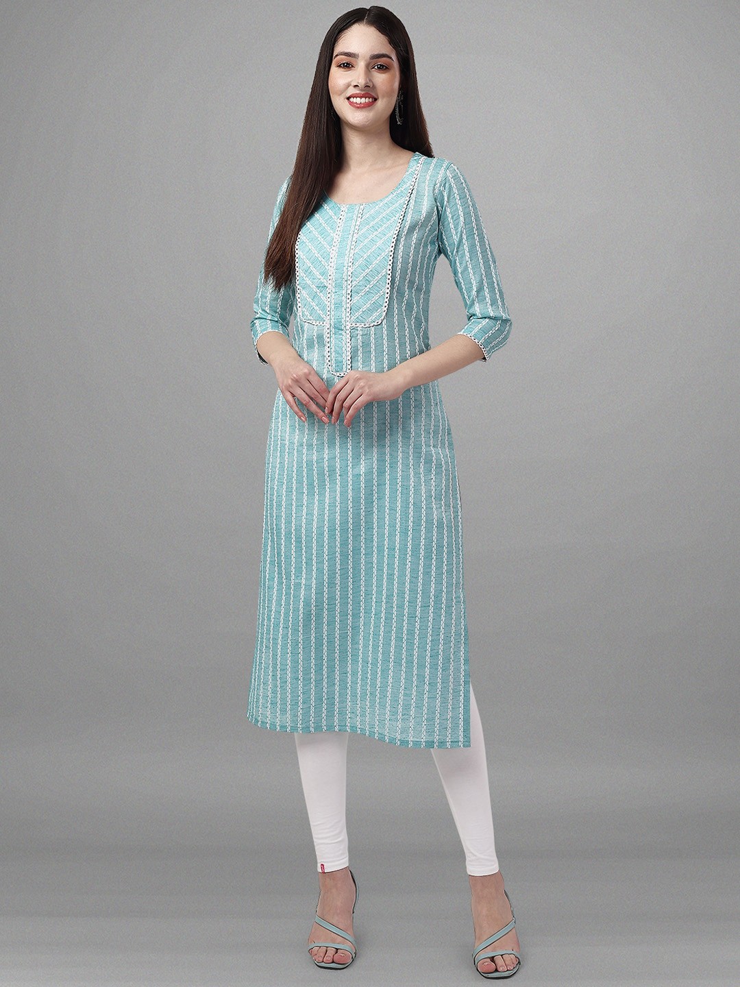 

MotiHamir Striped Thread Work Cotton Straight Kurta, Blue