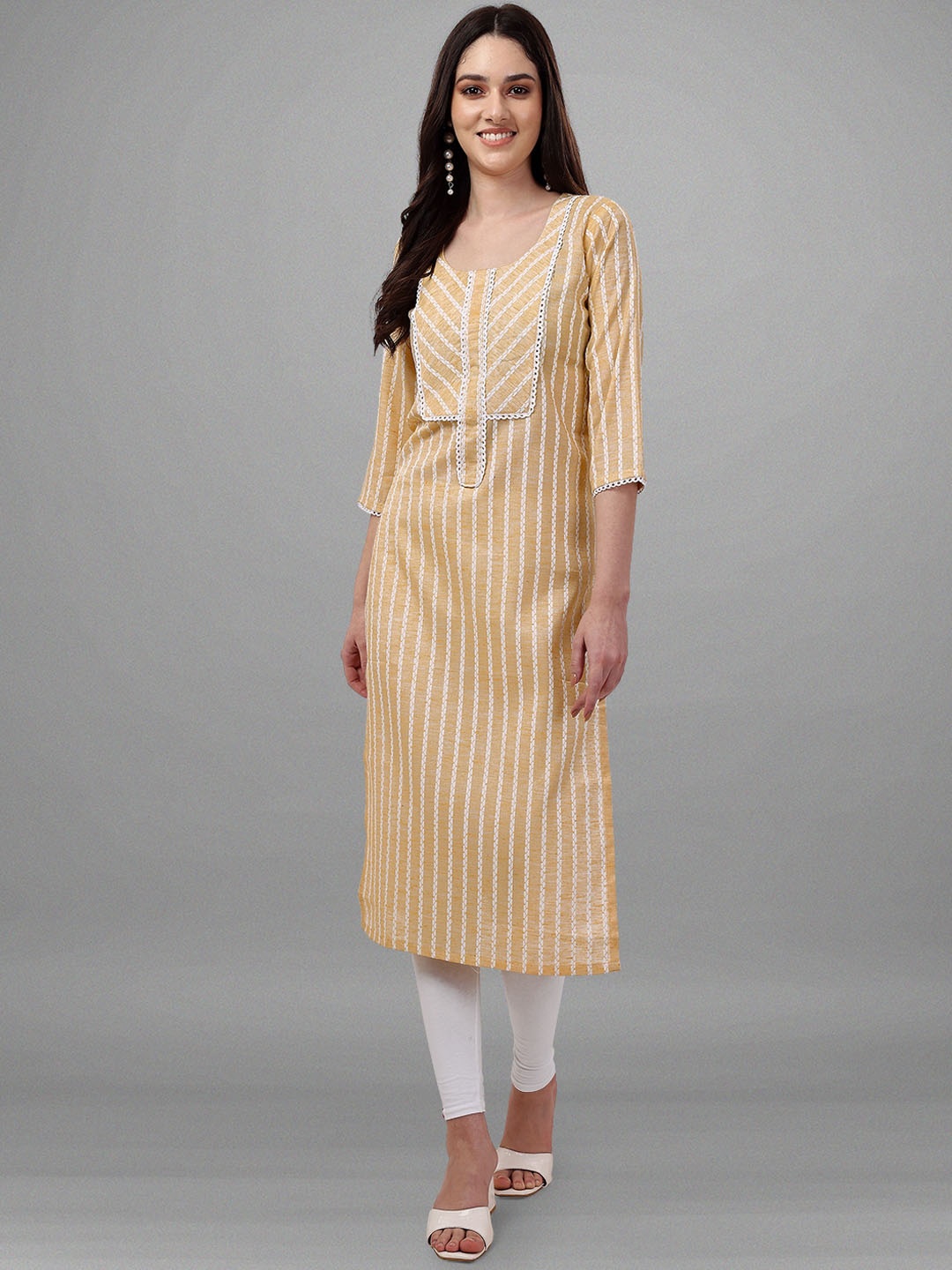 

MotiHamir Striped Straight Cotton Kurta, Yellow