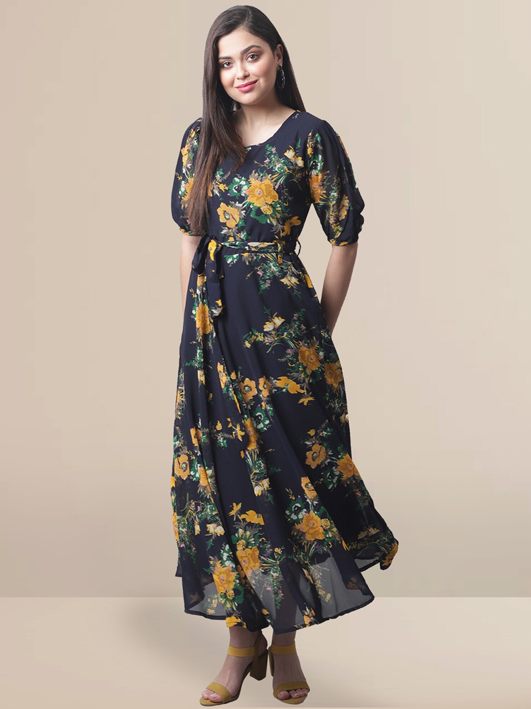

Fabflee Floral Printed Georgette Maxi Dress, Navy blue