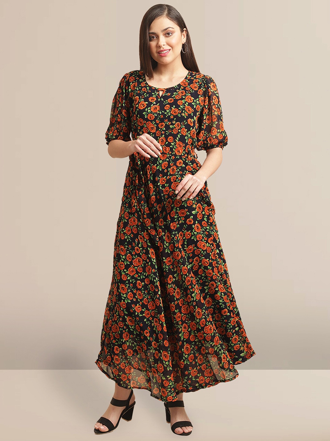 

Fabflee Floral Printed Georgette Maxi Dress, Orange