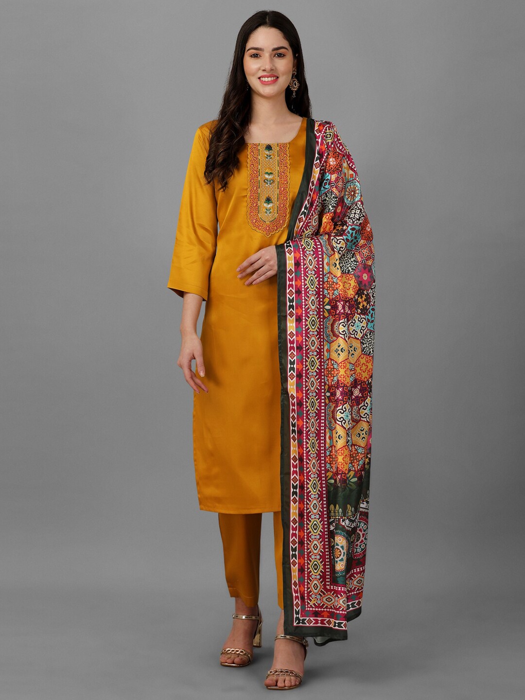 

Nivah Fashion Embroidered Satin Unstitched Dress Material, Yellow