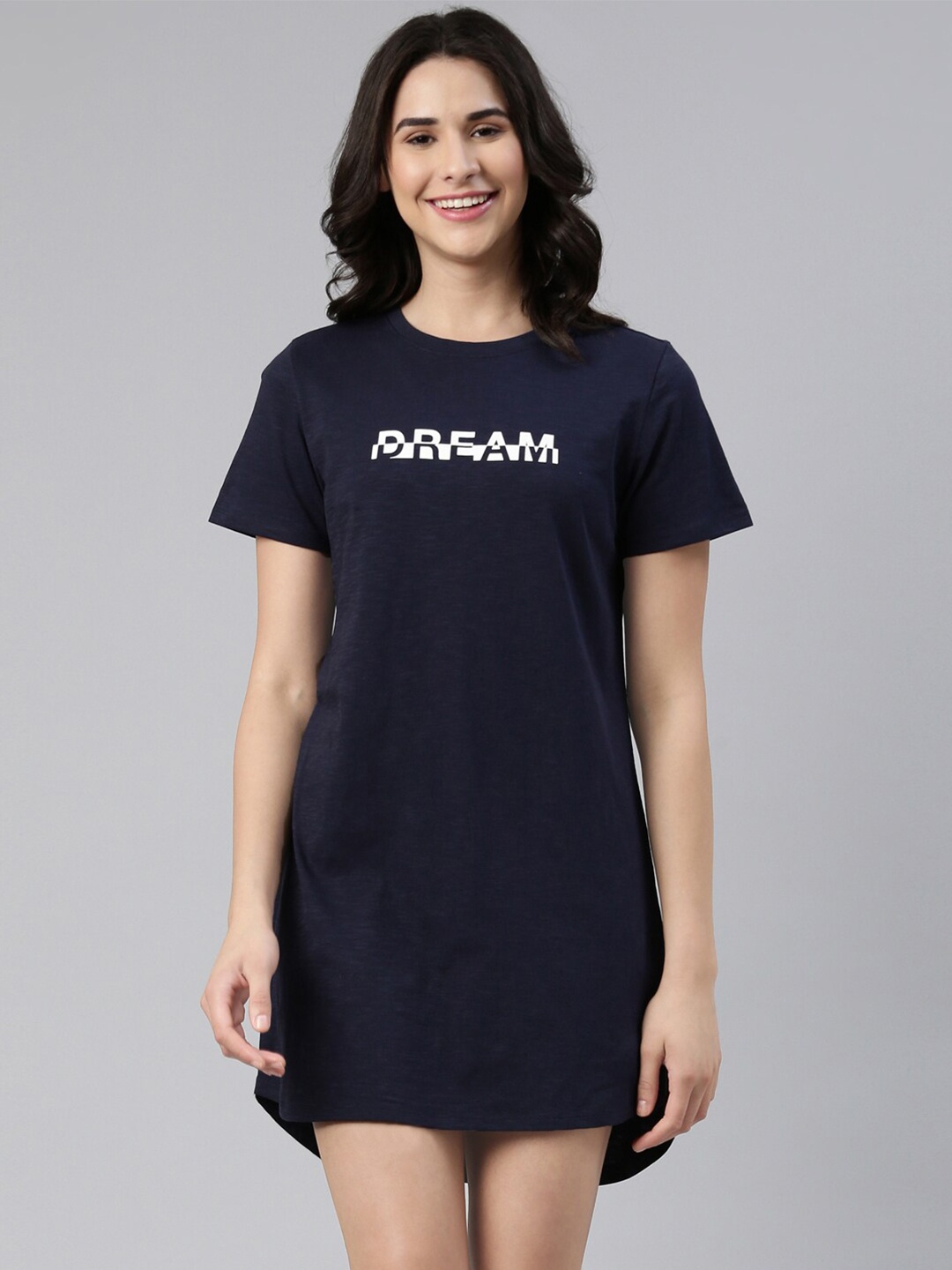 

Enamor Printed Pure Cotton T-Shirt Nightdress, Navy blue