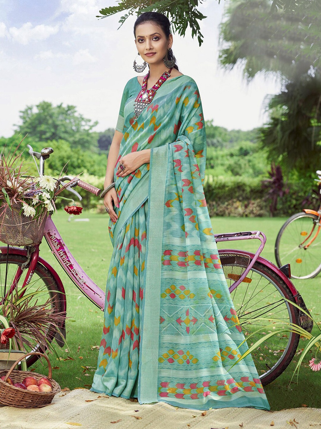 

Satrani Geometric Printed Polycotton Saree, Turquoise blue