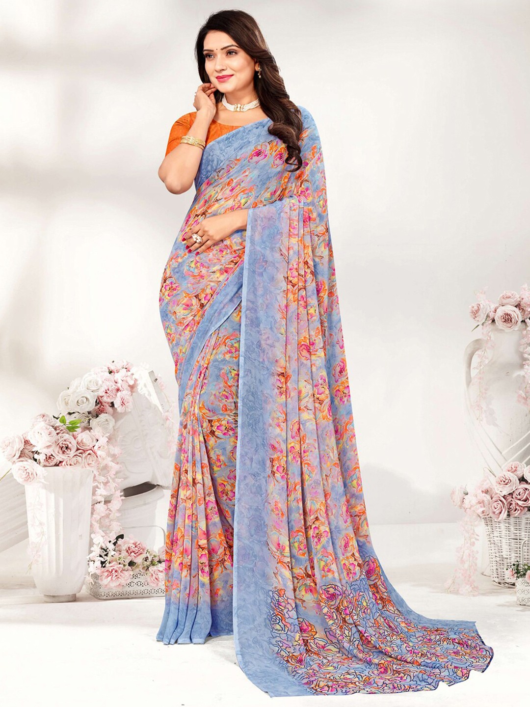 

Satrani Floral Printed Saree, Blue