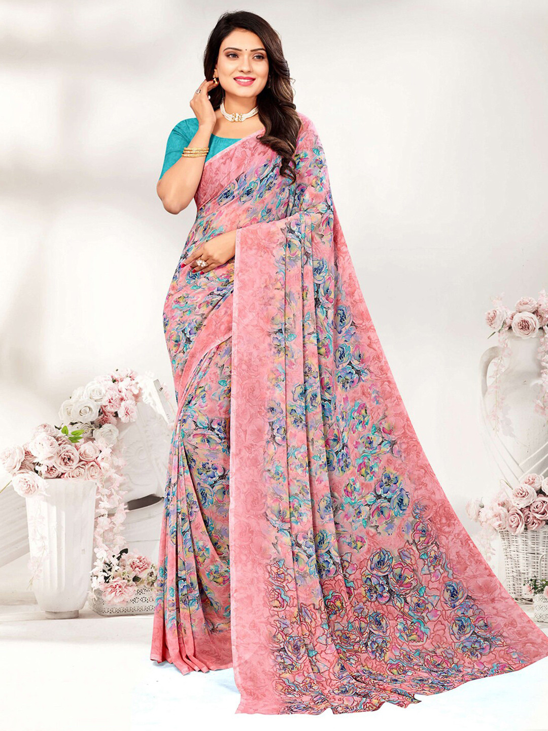 

Satrani Floral Printed Poly Georgette Saree, Pink