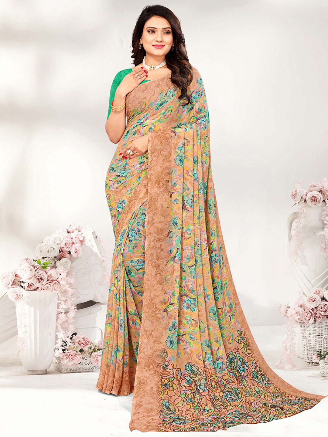 

Satrani Floral Printed Poly Georgette Saree, Brown