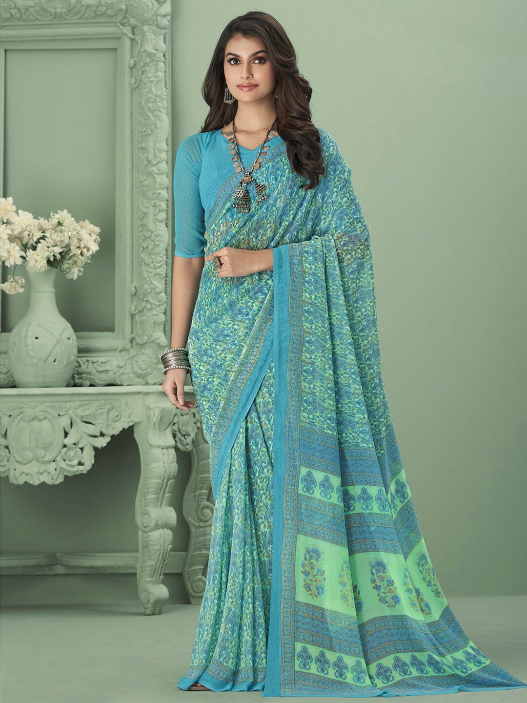 

Satrani Screen Printed Ethnic Motifs Saree, Blue