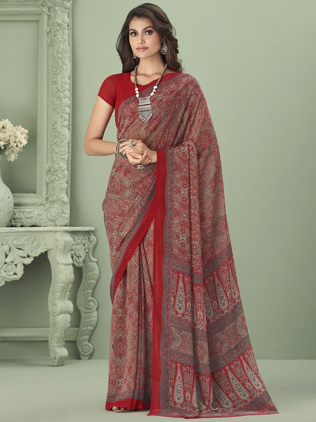 

Satrani Printed Poly Georgette Saree, Red
