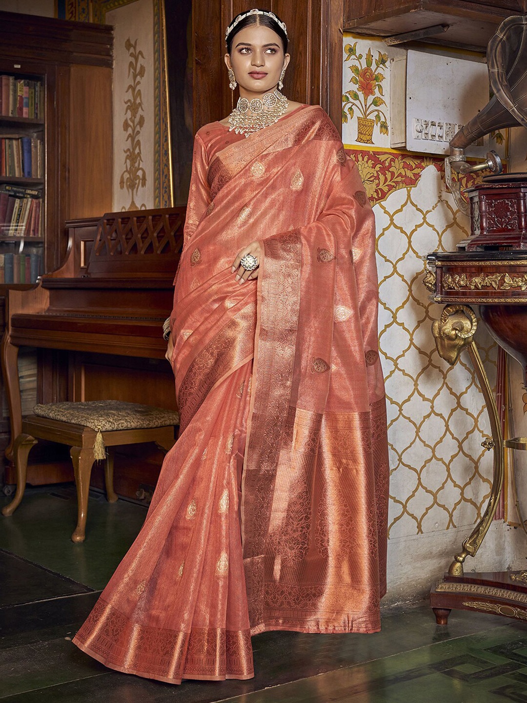 

Satrani Ethnic Motifs Woven Design Zari Banarasi Saree, Orange