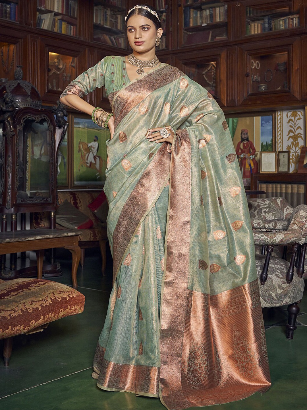 

Satrani Ethnic Motif Woven Design Zari Tissue Banarasi Saree, Green