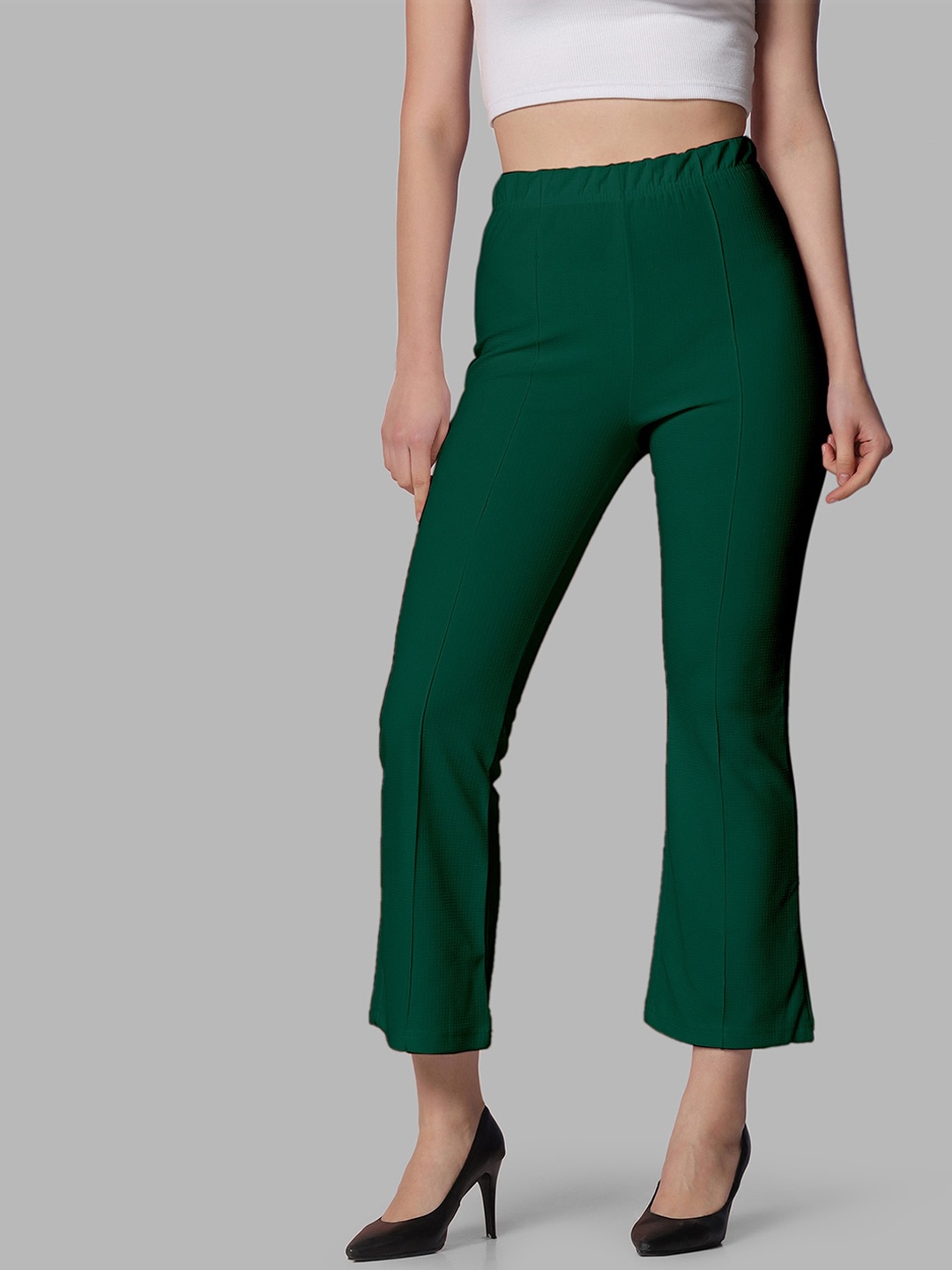 

Selvia Women Lycra Easy Wash Regular Fit Mid-Rise Cropped Slip-On Bootcut Trousers, Green