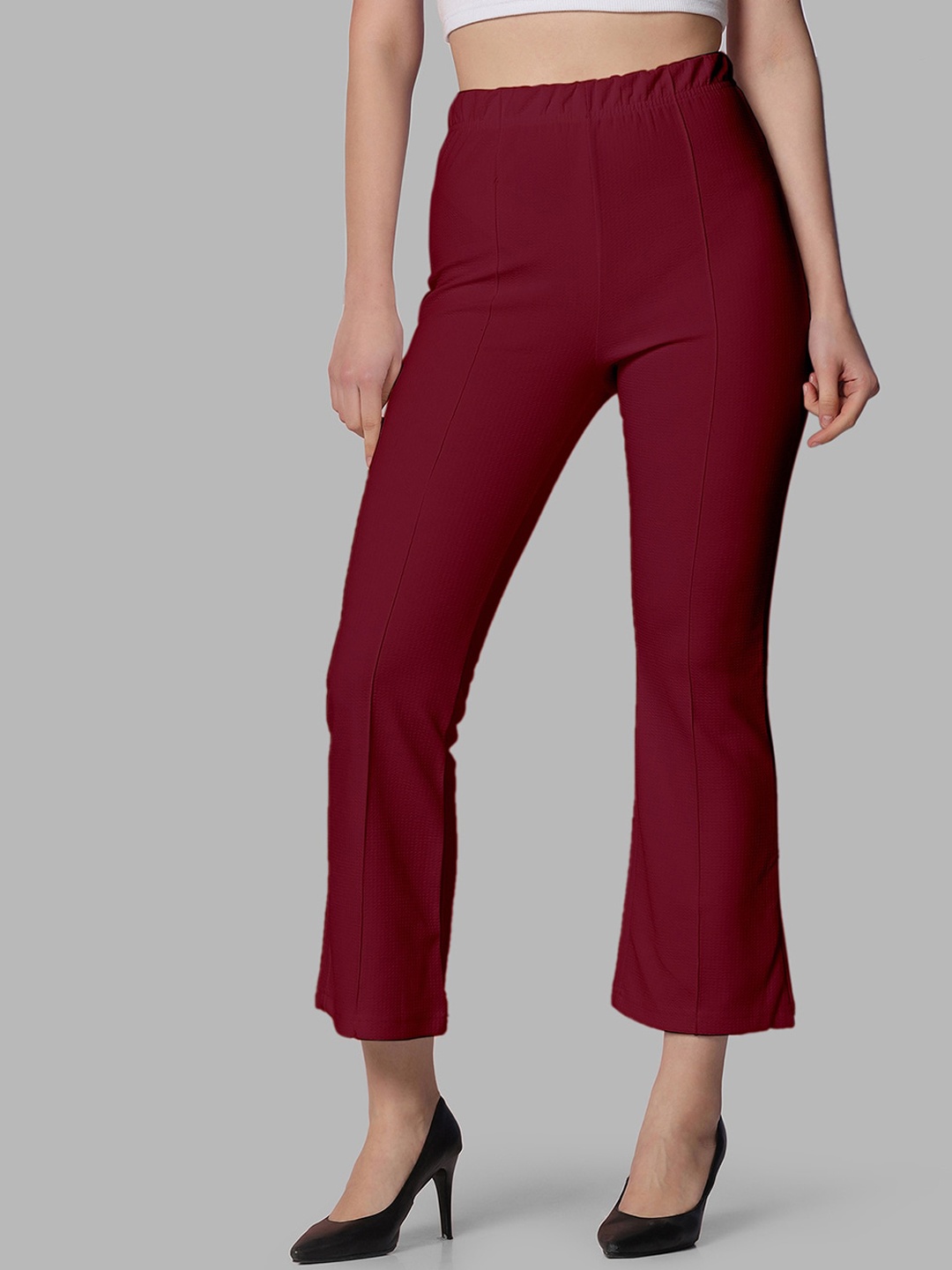 

Selvia Women Lycra Easy Wash Regular Fit Mid-Rise Cropped Slip-On Bootcut Trousers, Maroon