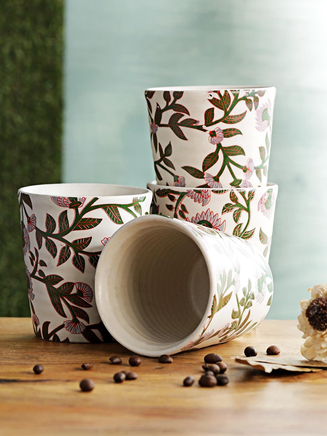 

MIAH Decor White & Green 4 Pices Matte Finish Floral Design Decal Ceramic Tumblers