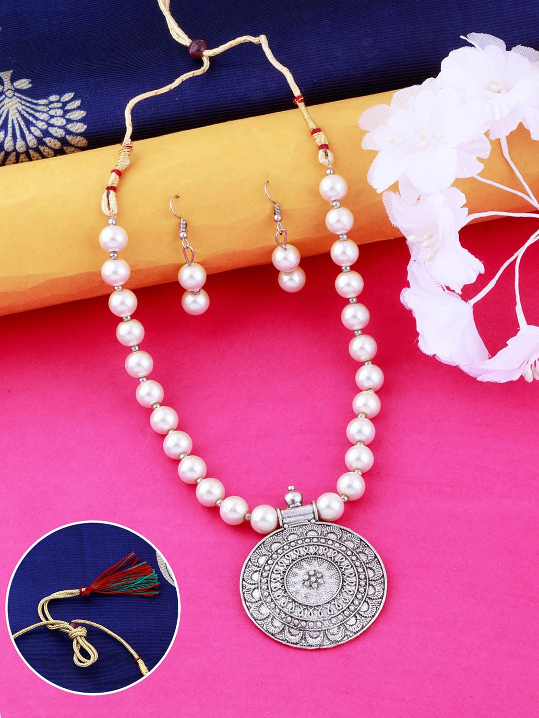 

Silver Shine Silver-Plated Beaded Oxidised Jewellery Set, White