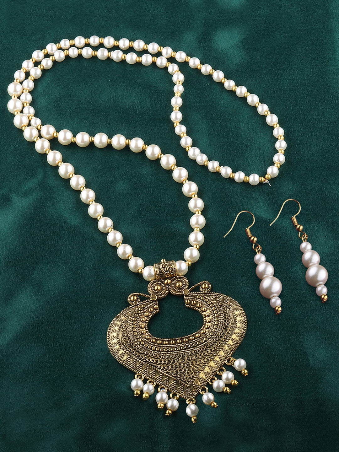 

Silver Shine Gold-Plated Stone-Studded & Beaded Long Jewellery Set, White