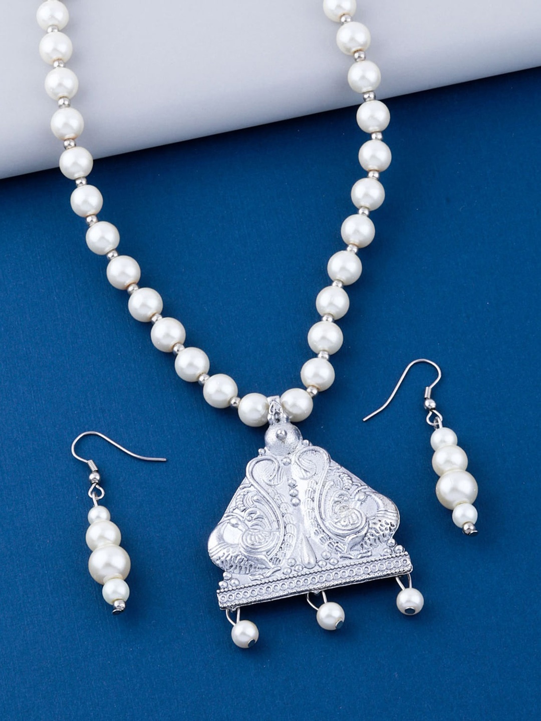 

Silver Shine Oxidised Silver-Plated Beaded Jewellery Set, White