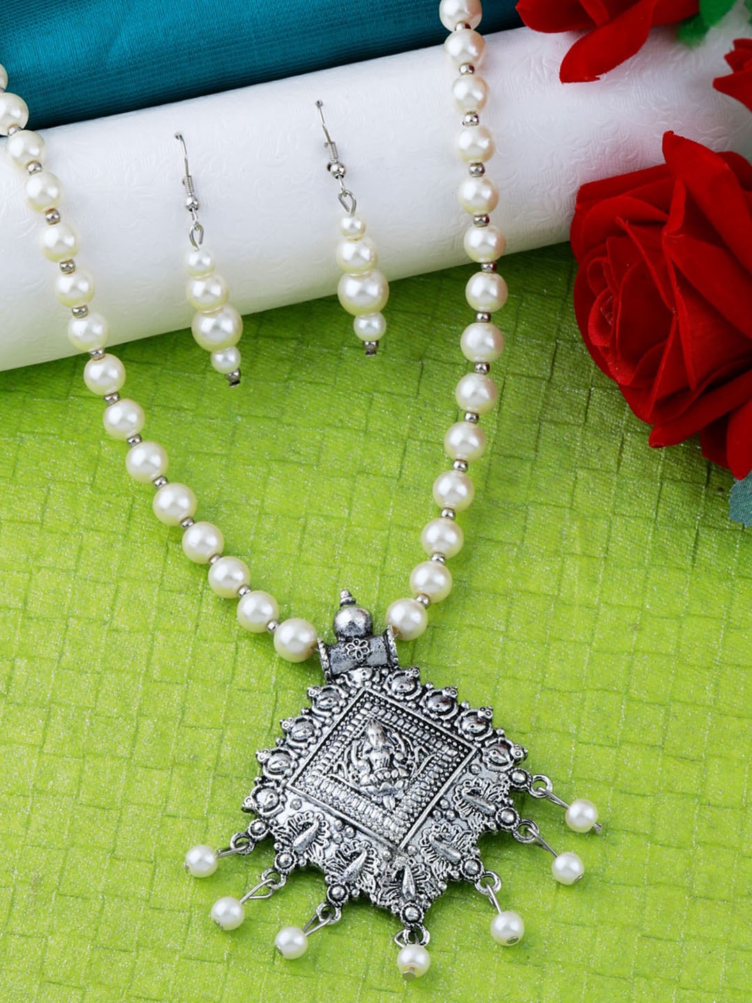 

Silver Shine Silver-Plated Stone-Studded & Beaded Long Jewellery Set, White