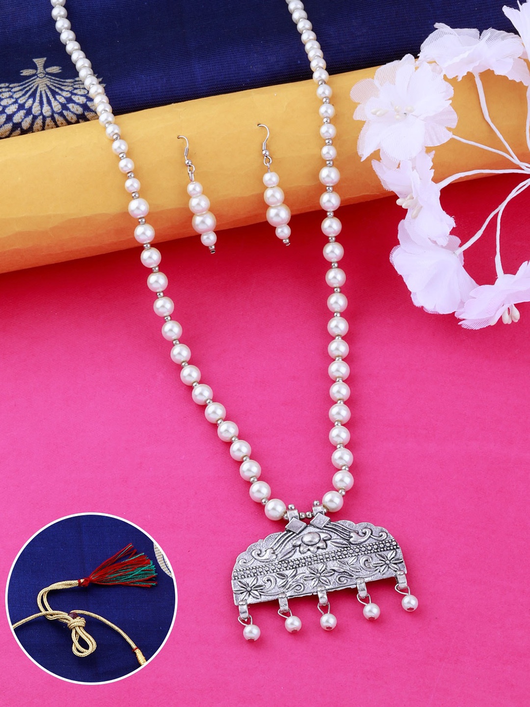 

Silver Shine Silver-Plated Stone-Studded & Pearl Beaded Long Jewellery Set