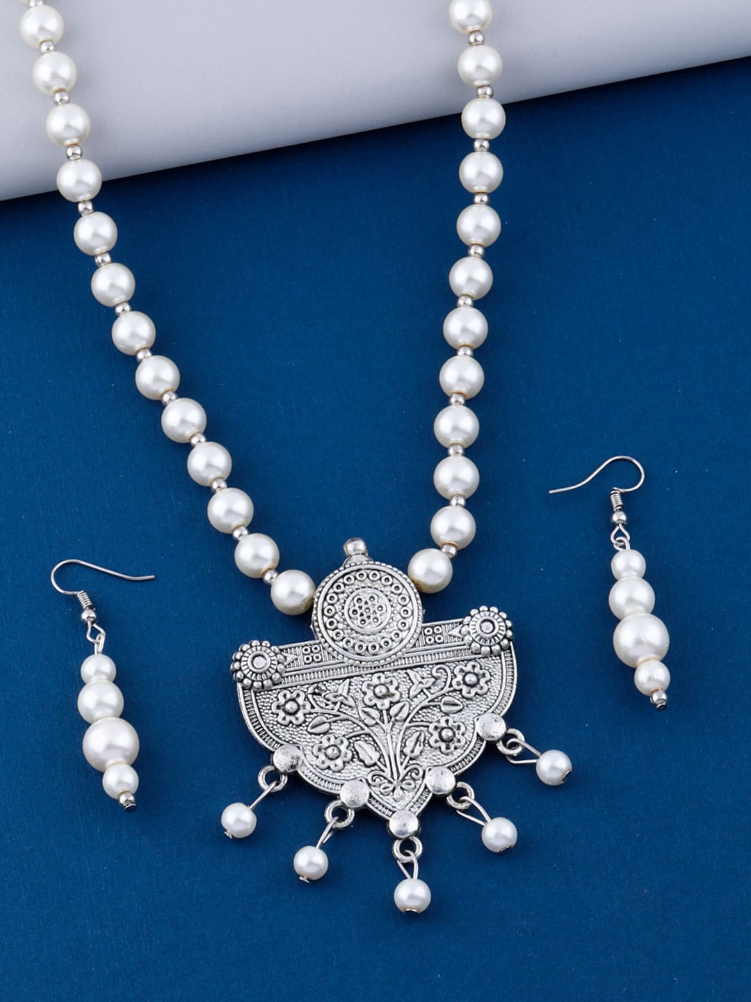 

Silver Shine Oxidised Silver-Plated Beaded Jewellery Set, White