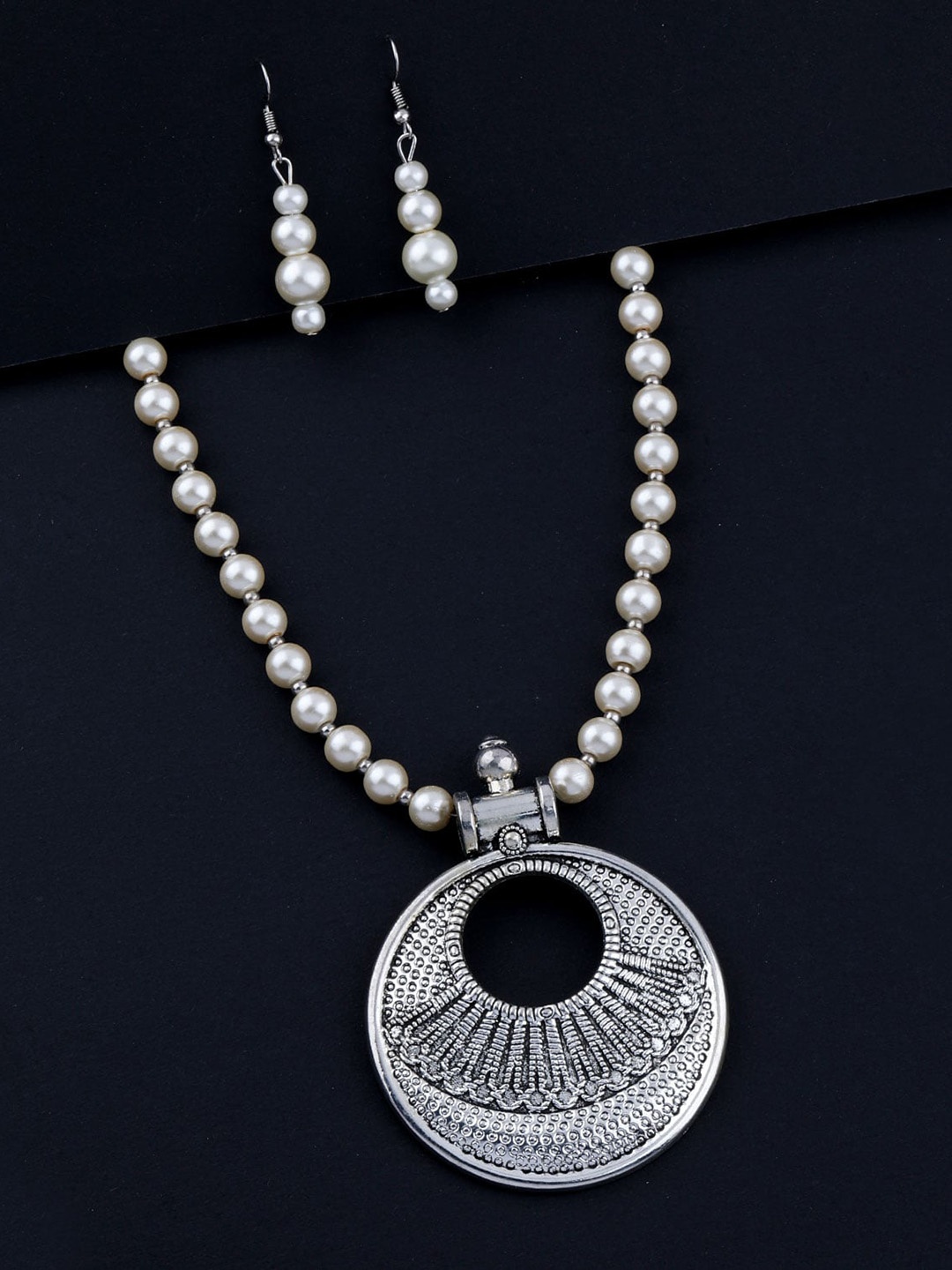 

Silver Shine Silver-Plated Oxidised Beaded Necklace and Earrings, White