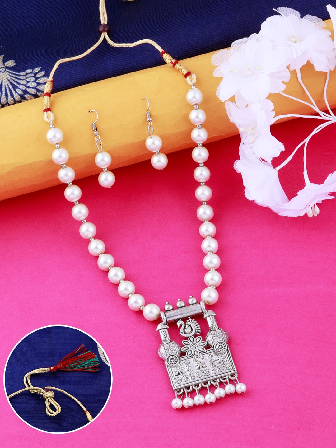 

Silver Shine Silver-Plated Oxidised Beaded Necklace and Earrings, White