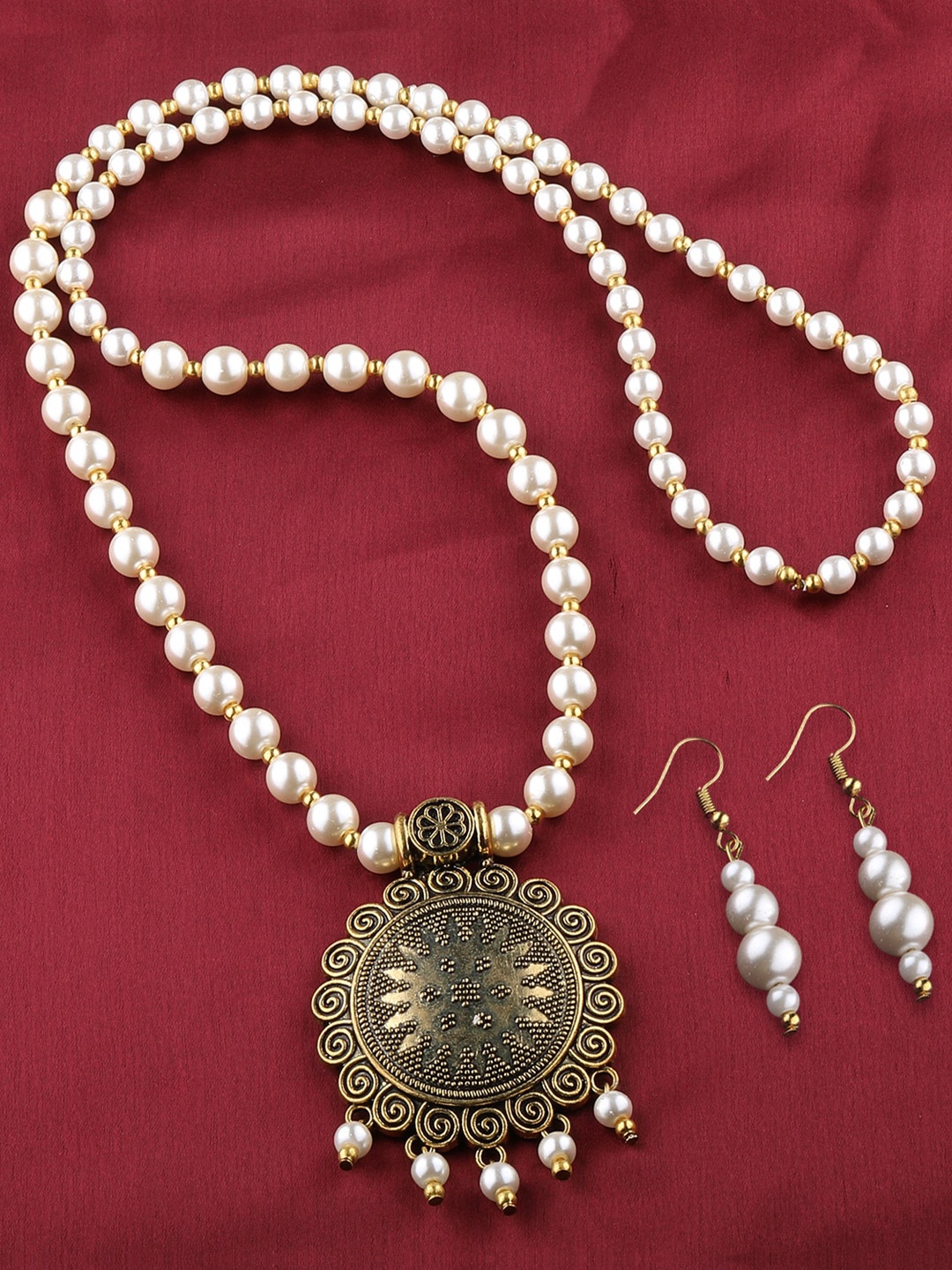 

Silver Shine Gold-Plated Beaded Long Necklace and Earrings, White