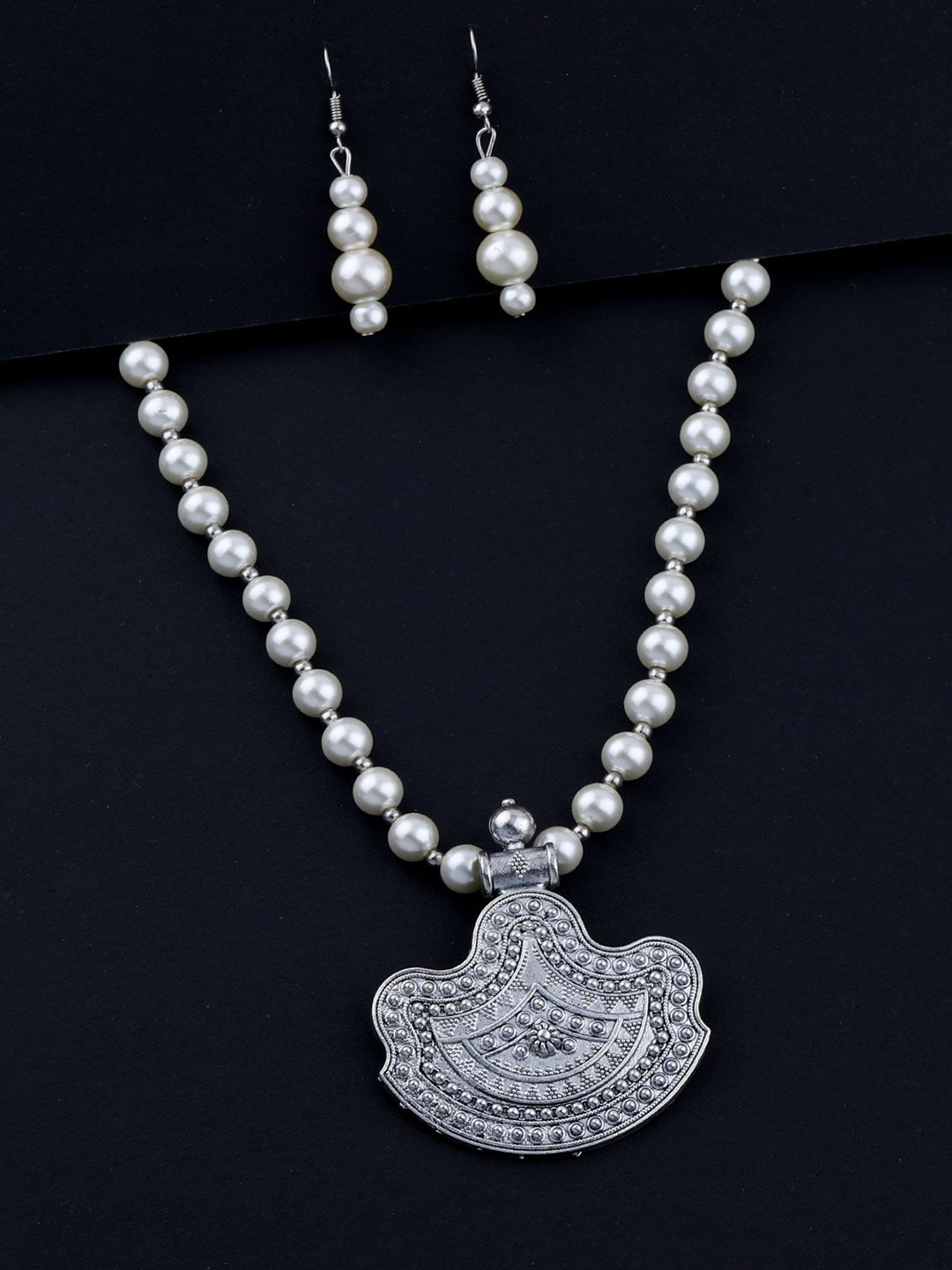 

Silver Shine Silver-Plated Oxidised Beaded Necklace and Earrings, White