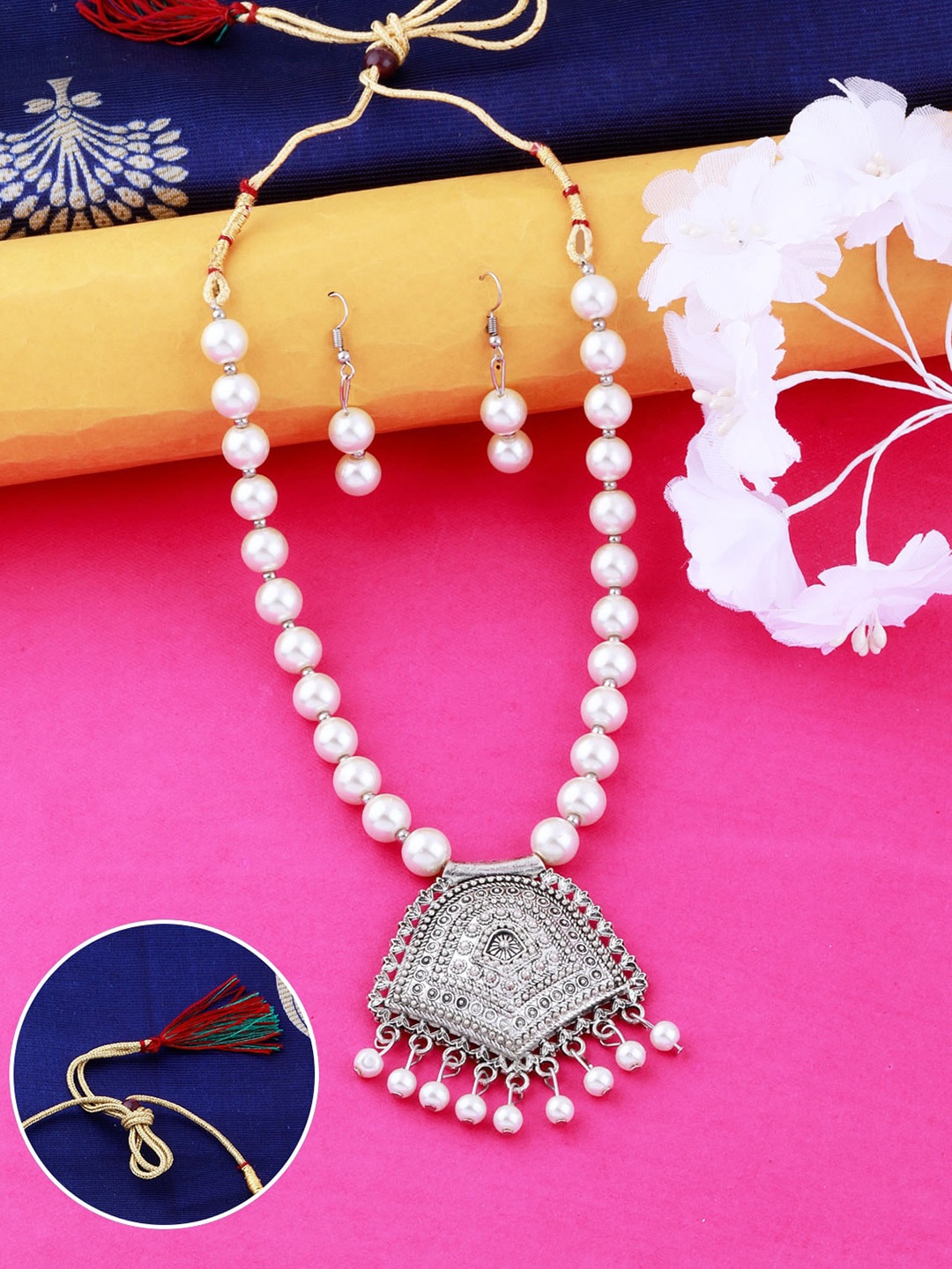 

Silver Shine Silver-Plated Oxidised Beaded Necklace and Earrings, White