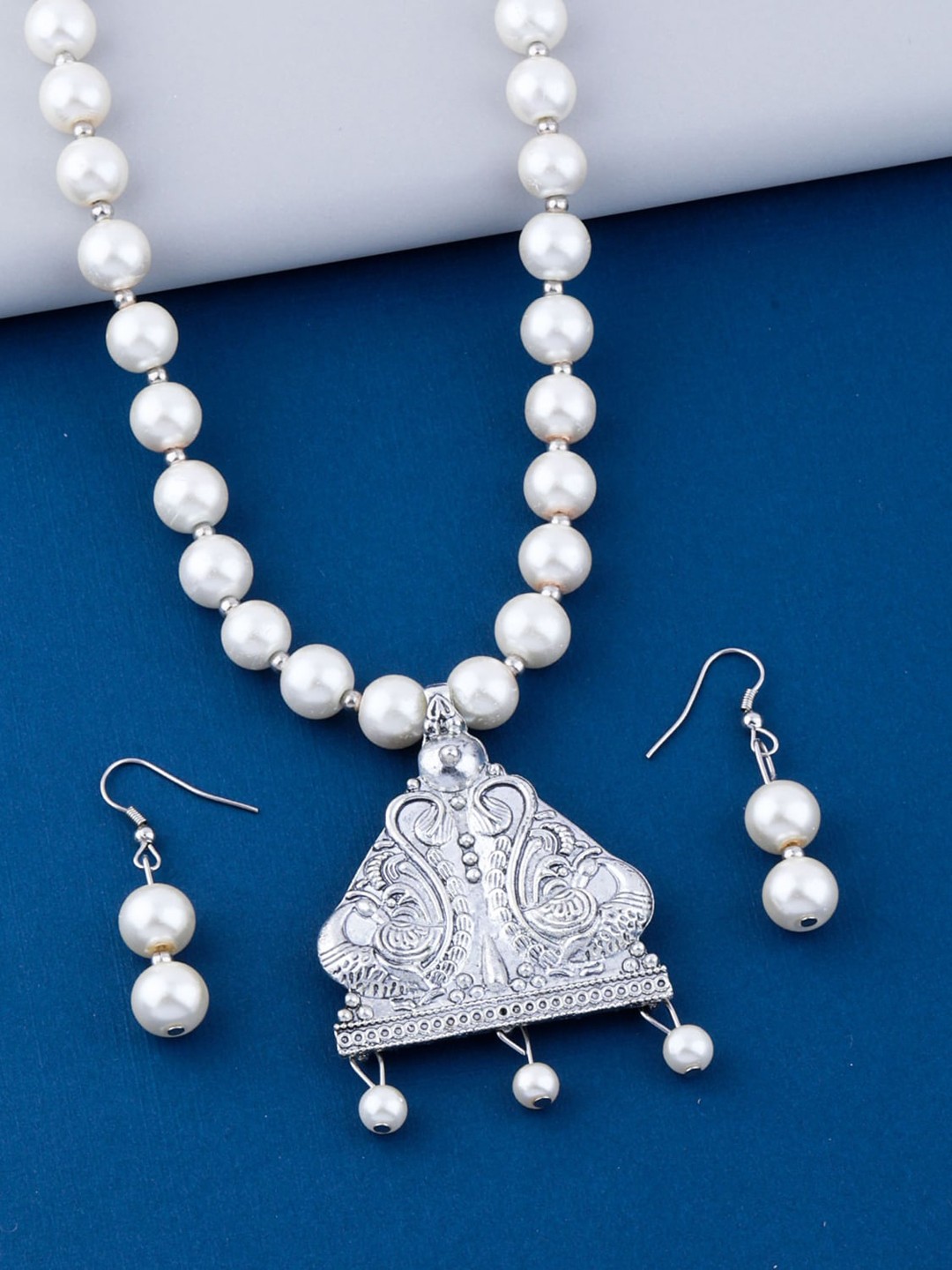 

Silver Shine Silver-Plated Oxidised Beaded Necklace and Earrings, White