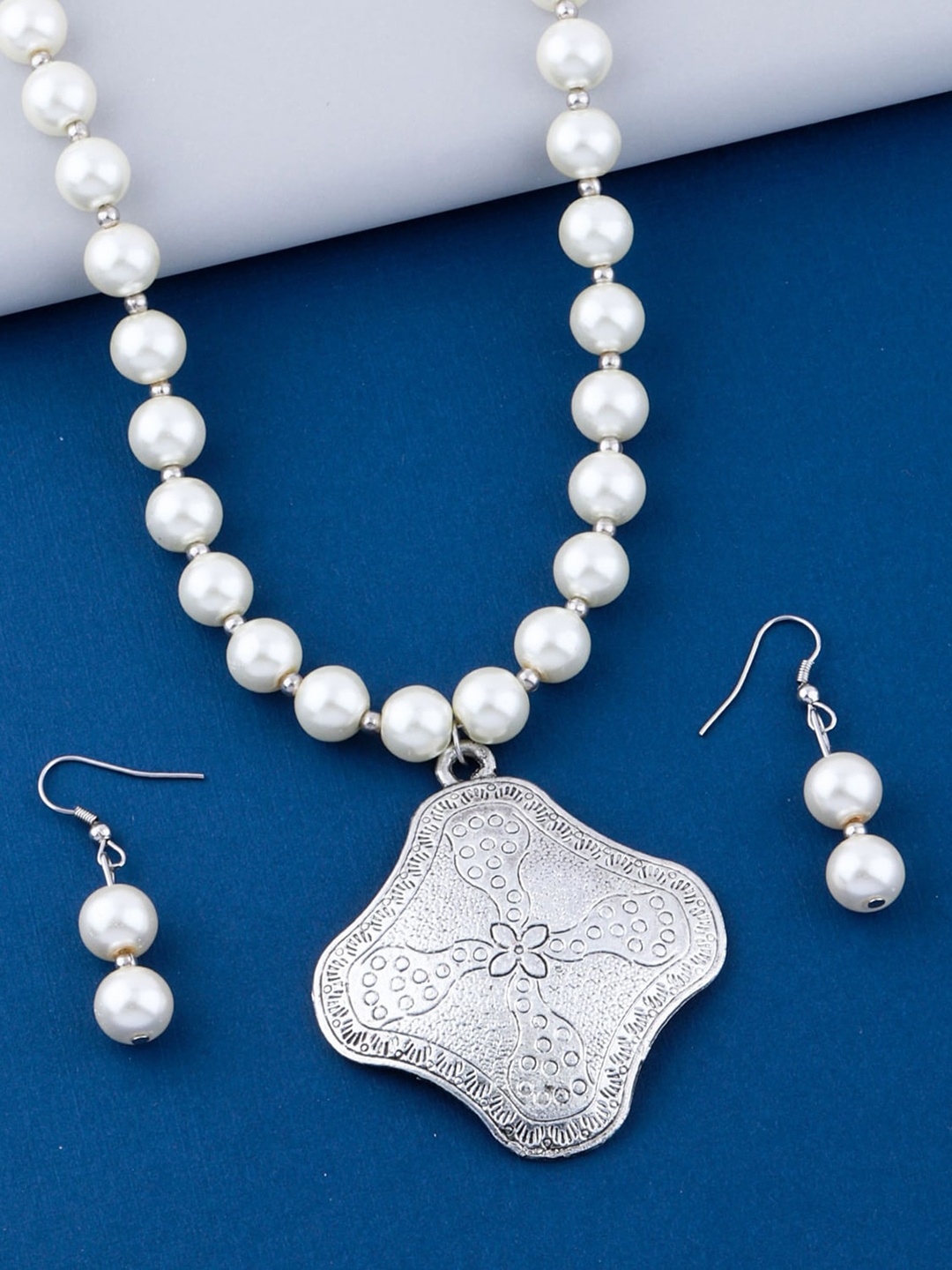 

Silver Shine Silver-Plated Oxidised Beaded Necklace and Earrings, White