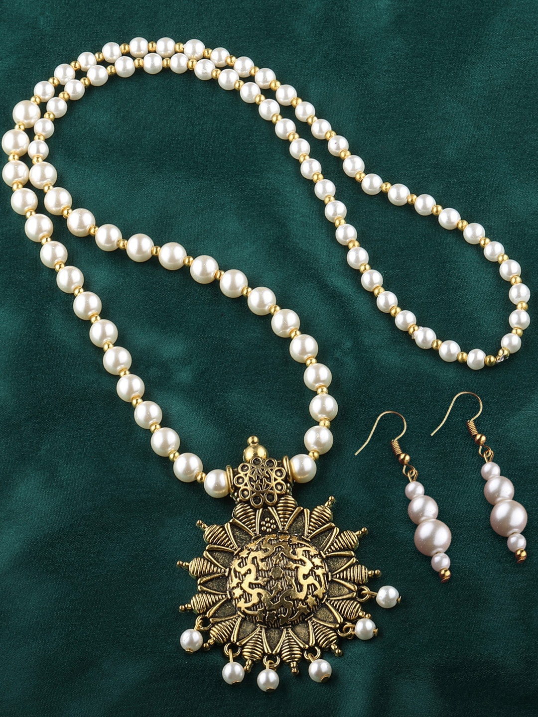 

Silver Shine Gold-Plated Beaded Long Necklace and Earrings, White