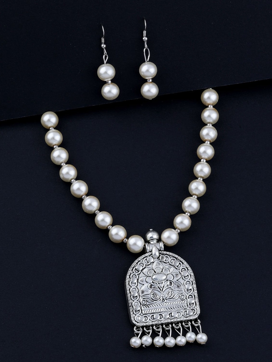 

Silver Shine Silver-Plated Beaded Oxidised Necklace and Earrings, White