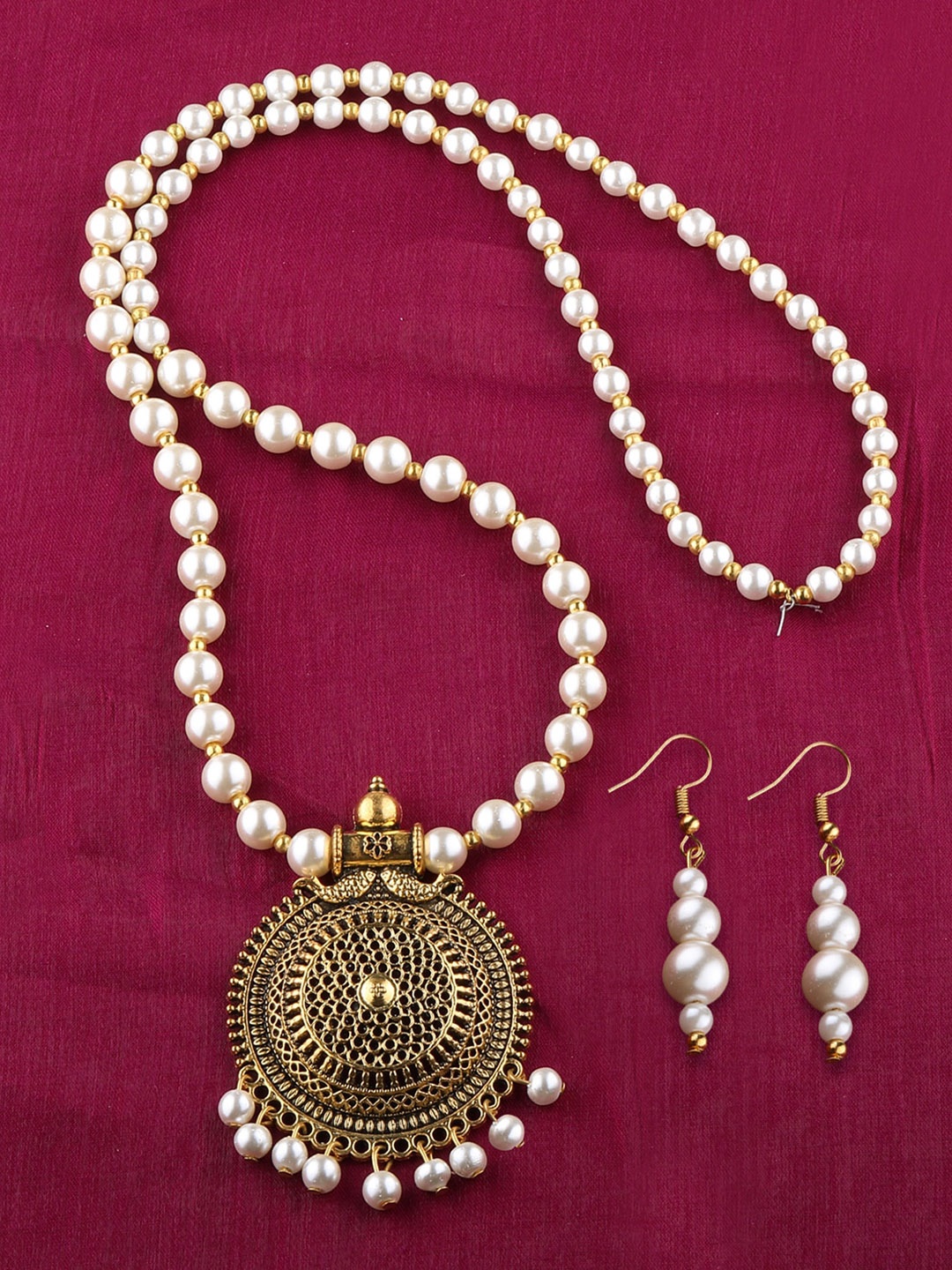 

Silver Shine Gold-Plated Beaded Long Necklace and Earrings, White