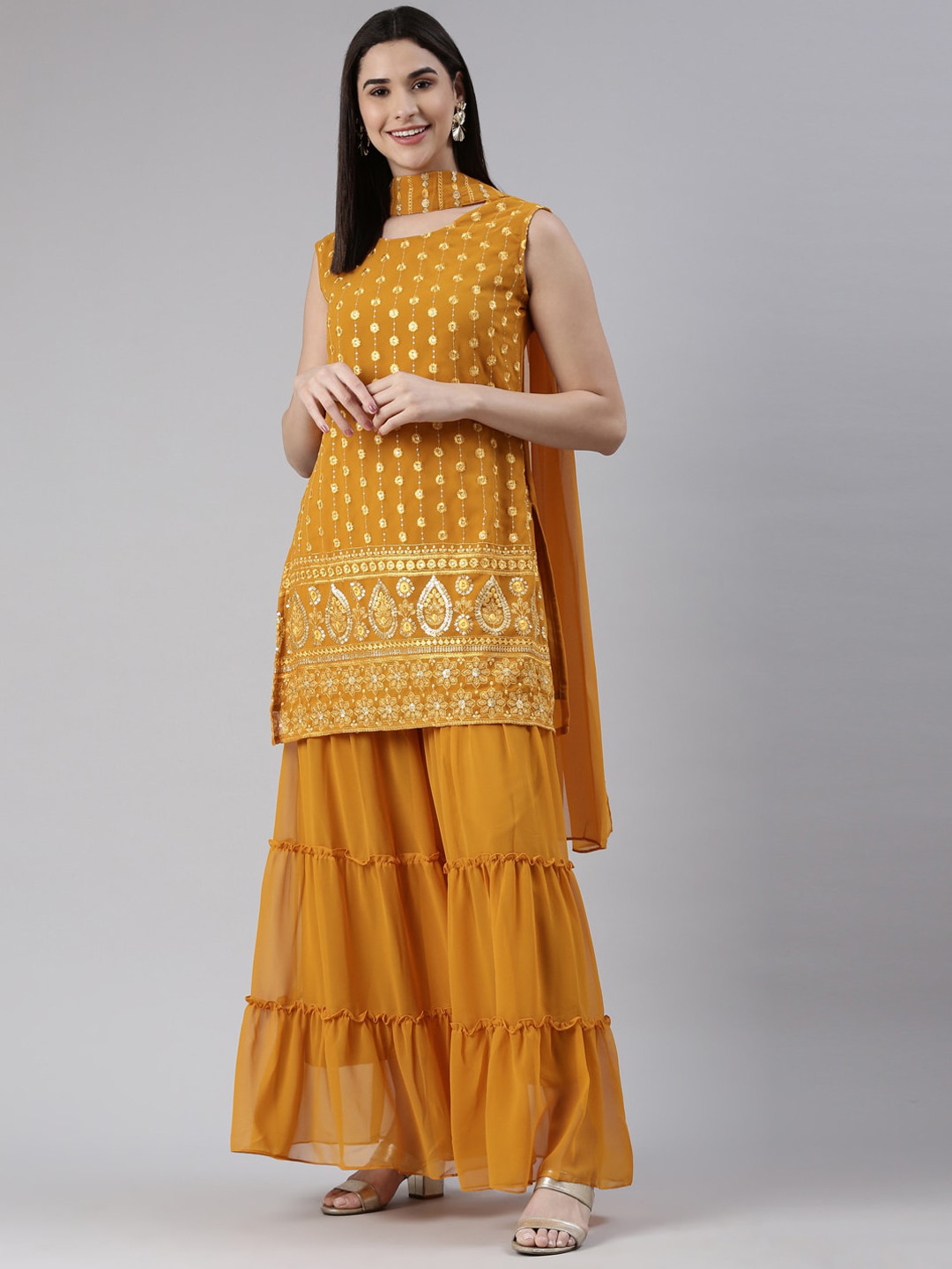 

KALINI Floral Embroidered Sequined Kurta with Sharara & Dupatta, Mustard