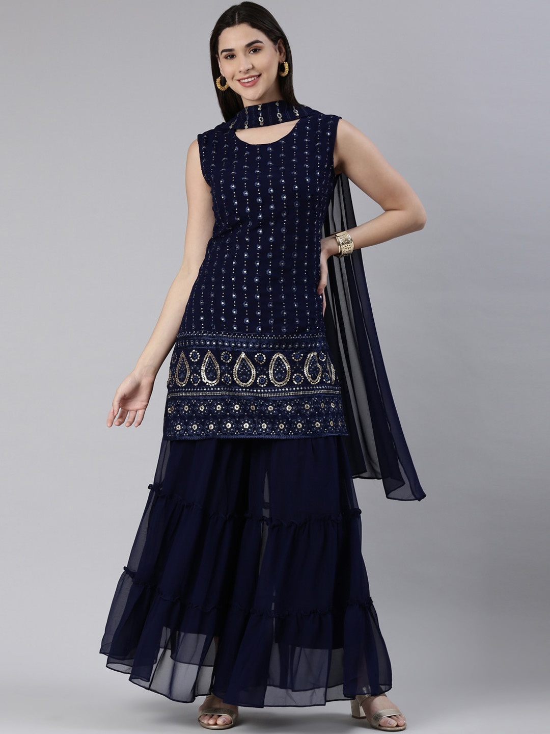 

KALINI Floral Embroidered Sequined Kurta with Sharara & Dupatta, Navy blue
