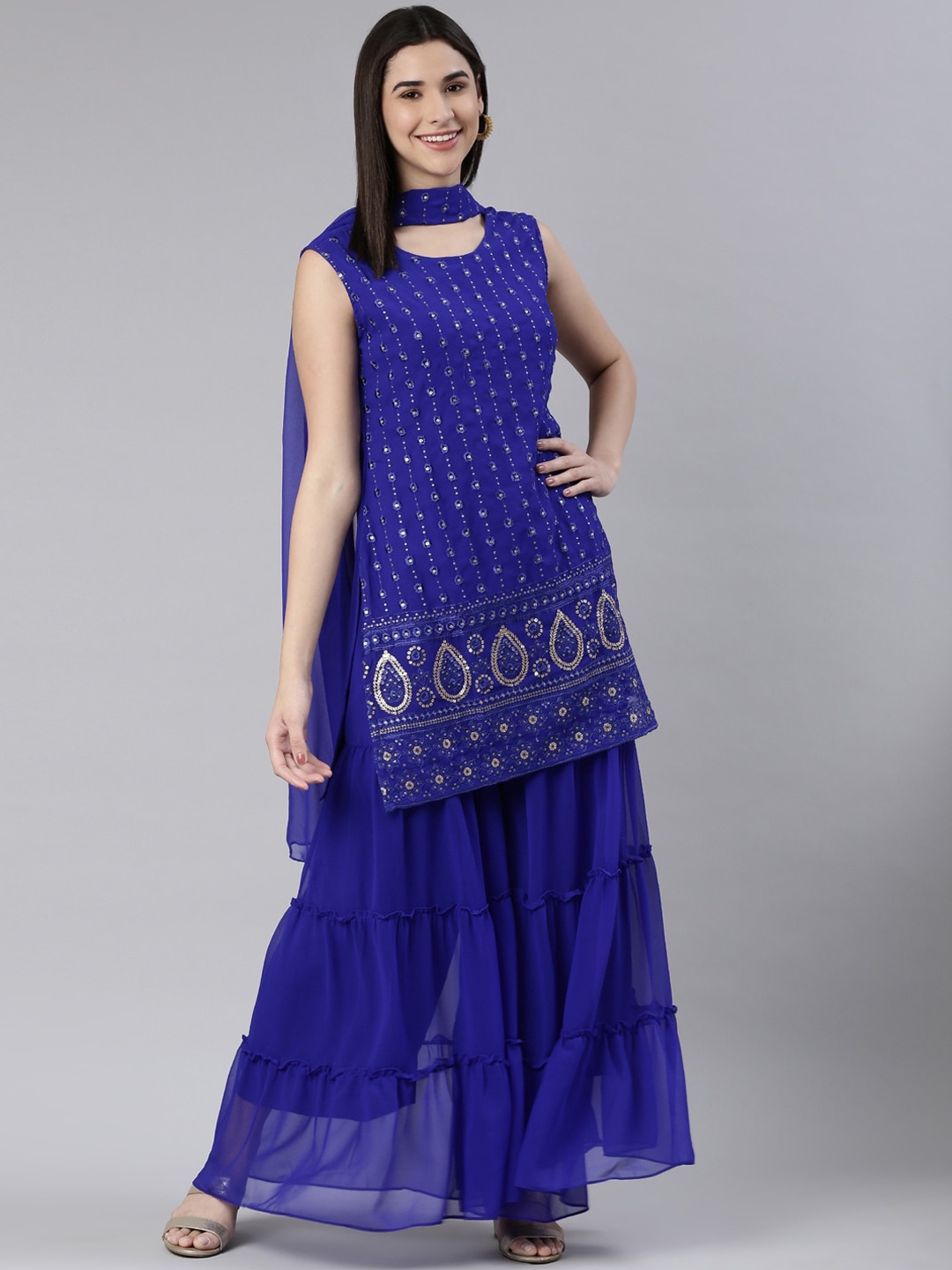 

KALINI Floral Embroidered Sequined Kurta with Sharara & Dupatta, Blue