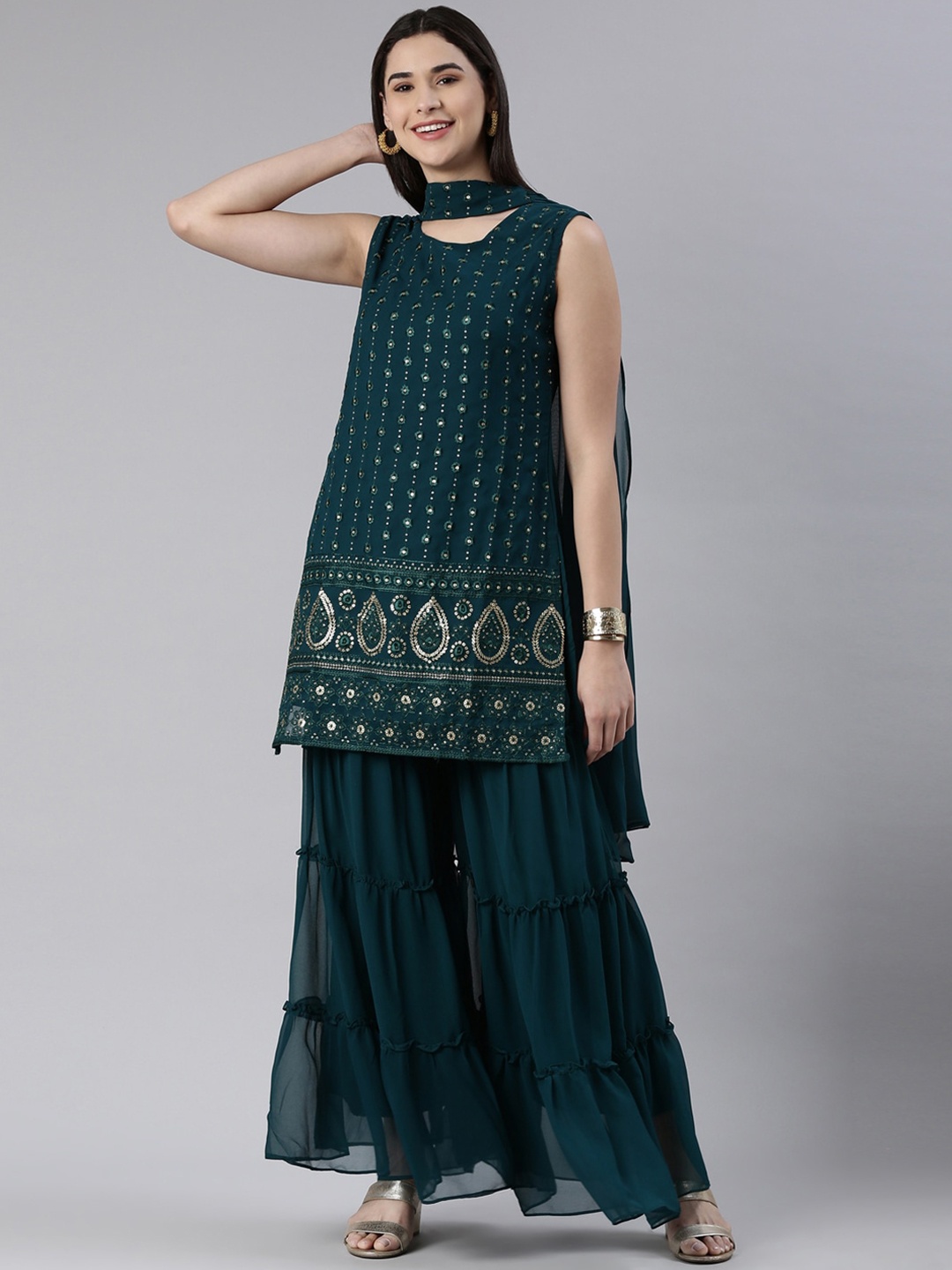 

KALINI Floral Embroidered Sequined Kurta with Sharara & Dupatta, Green