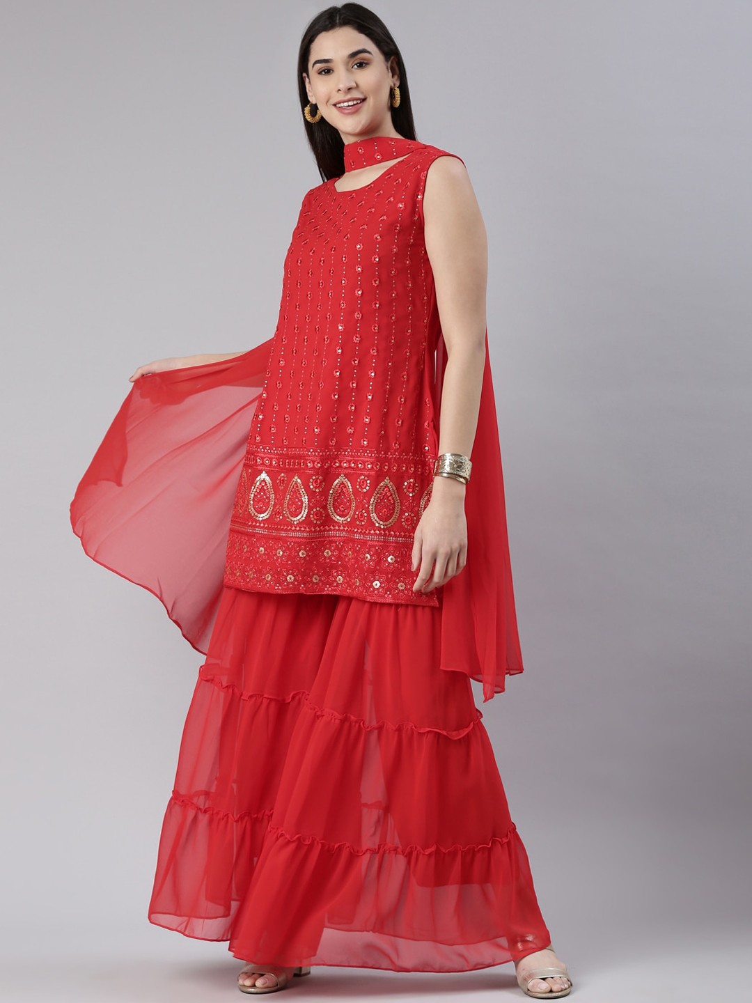 

KALINI Floral Embroidered Sequined Kurta with Sharara & Dupatta, Red