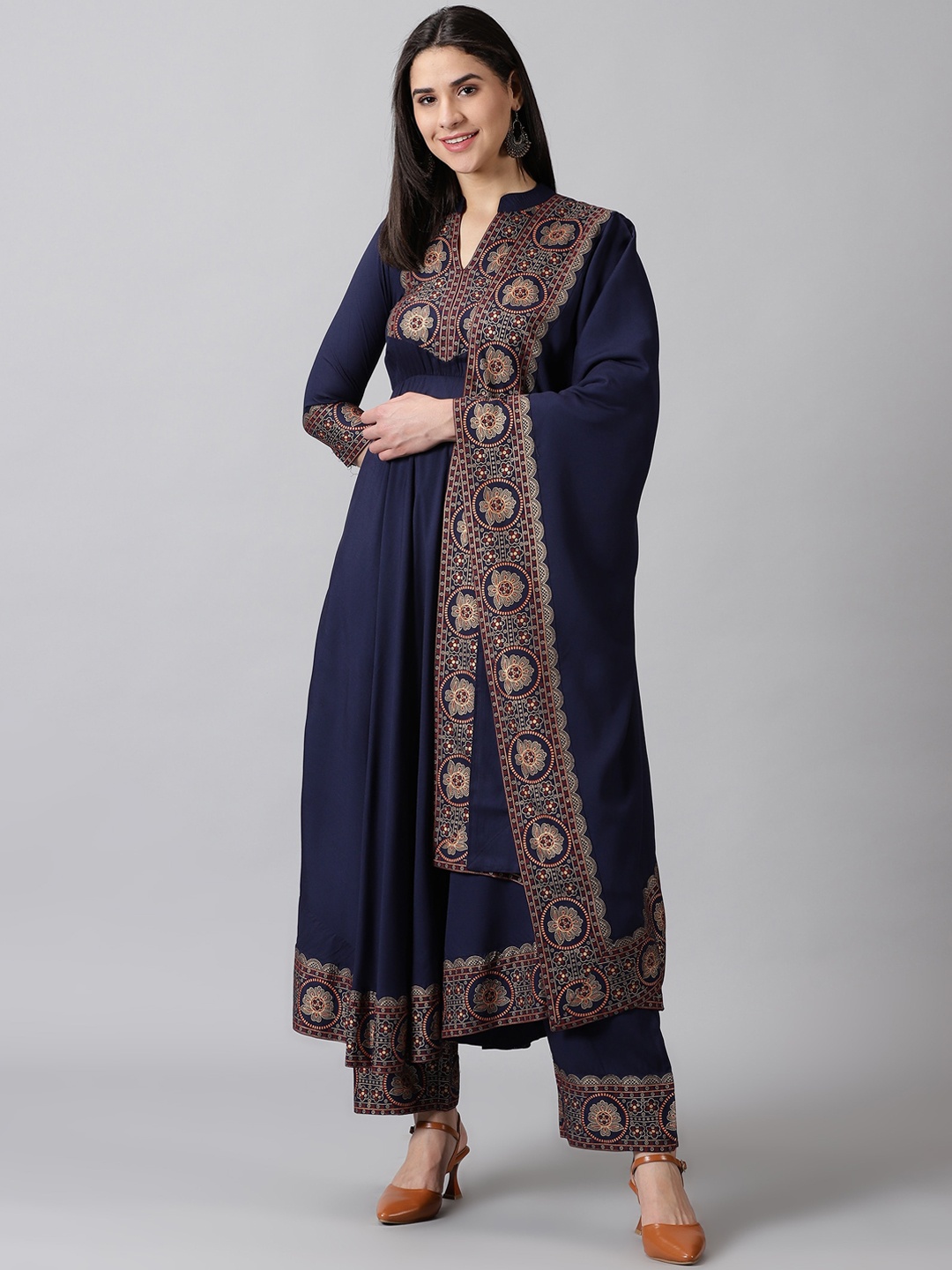 

PURSHOTTAM WALA Ethnic Motifs Printed Kurta & Palazzos & With Dupatta, Navy blue