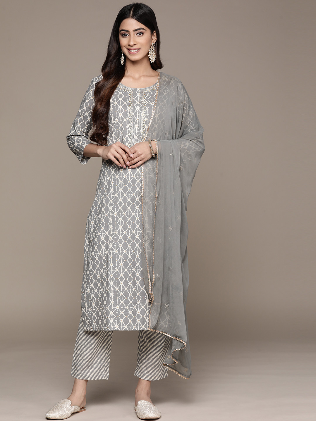 

Anubhutee Women Grey Printed Pure Cotton Kurta with Trousers & With Dupatta