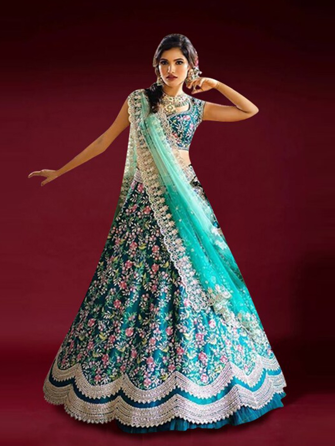 

Sarvayog Fashion Thread Work Semi-Stitched Lehenga & Unstitched Blouse, Turquoise blue