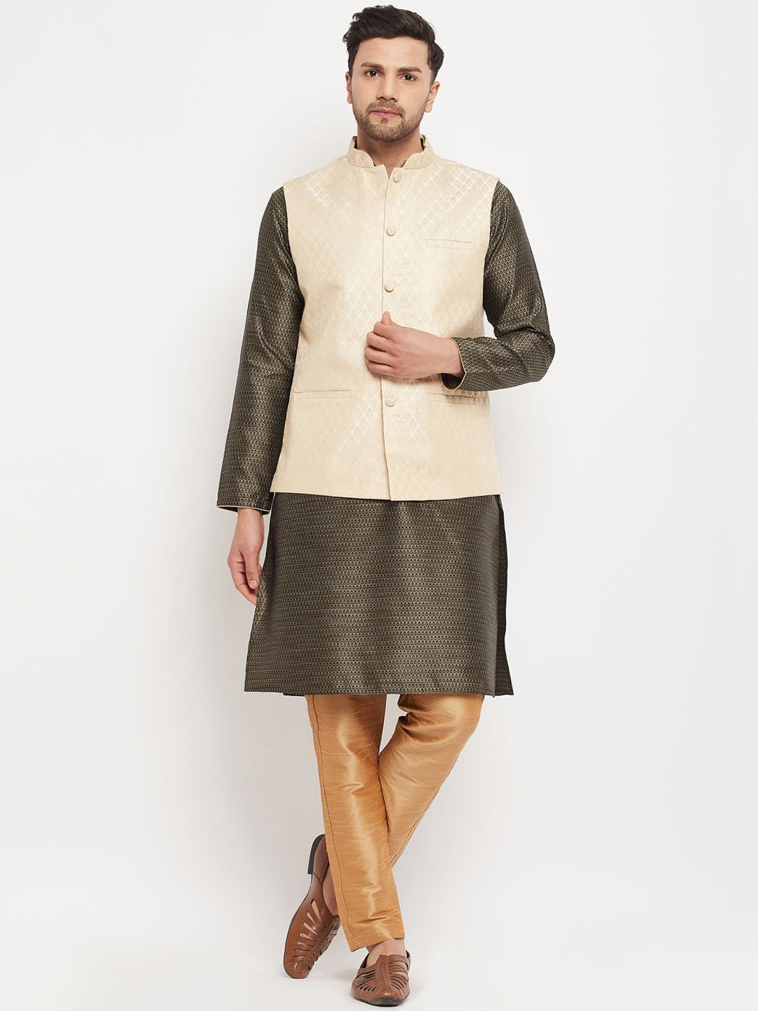 

VASTRAMAY Mandarin Collar Woven Design Straight Kurta with Trousers & Nehru Jacket, Black