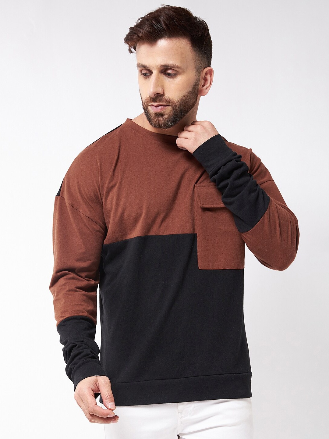 

GRITSTONES Colourblocked Long Sleeve Cotton Oversize Fitted T-shirt, Brown