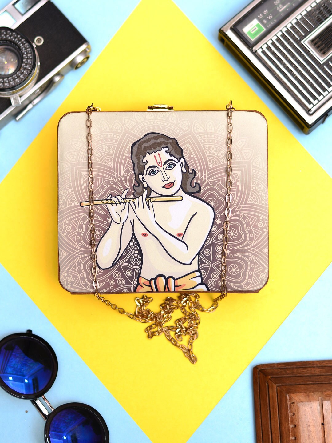 

ARTKLIM Krishna Printed Shoulder Strap Box Clutch, Cream