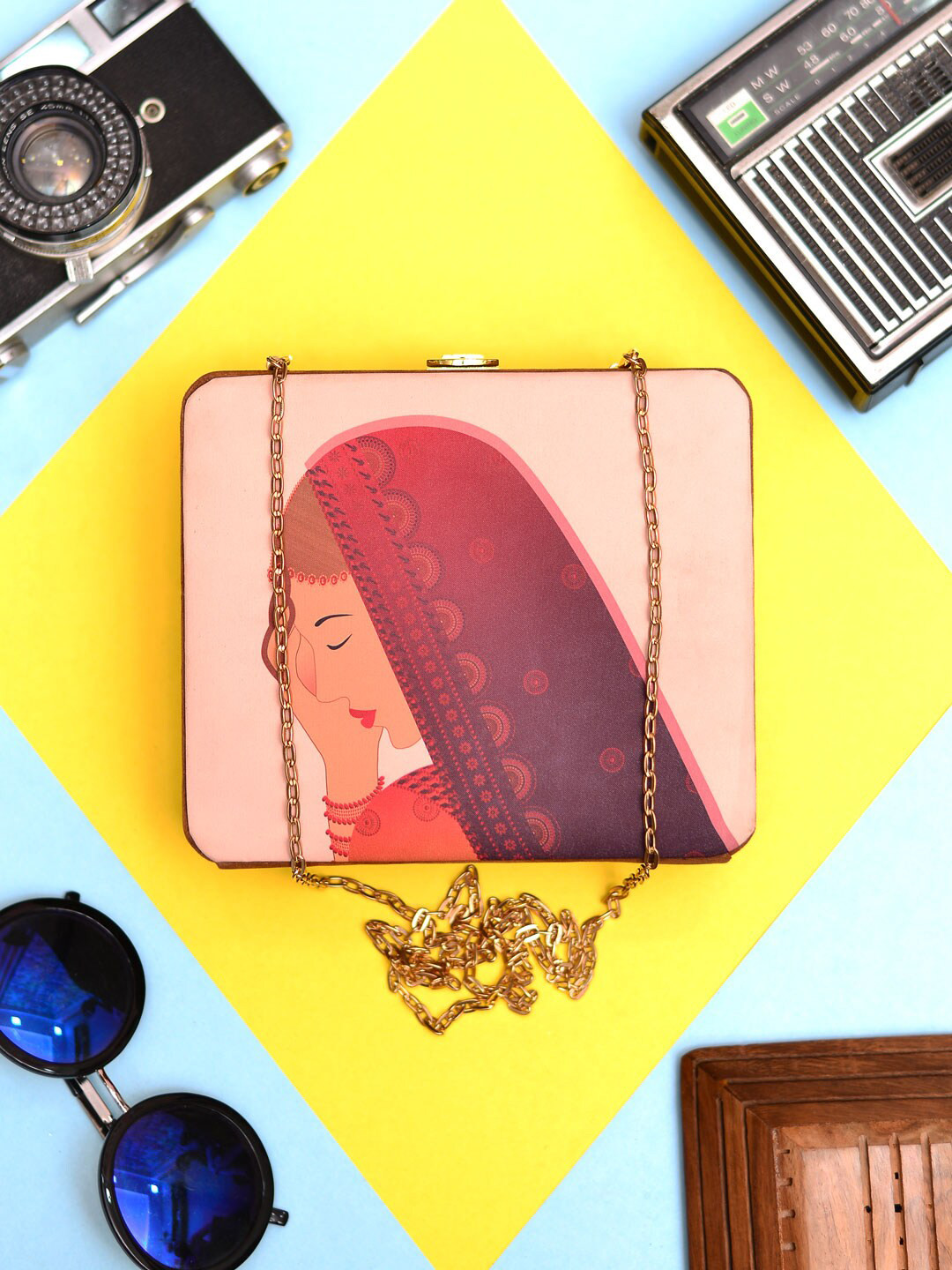 

ARTKLIM Woman Portrait Printed Shoulder Strap Box Clutch, Peach