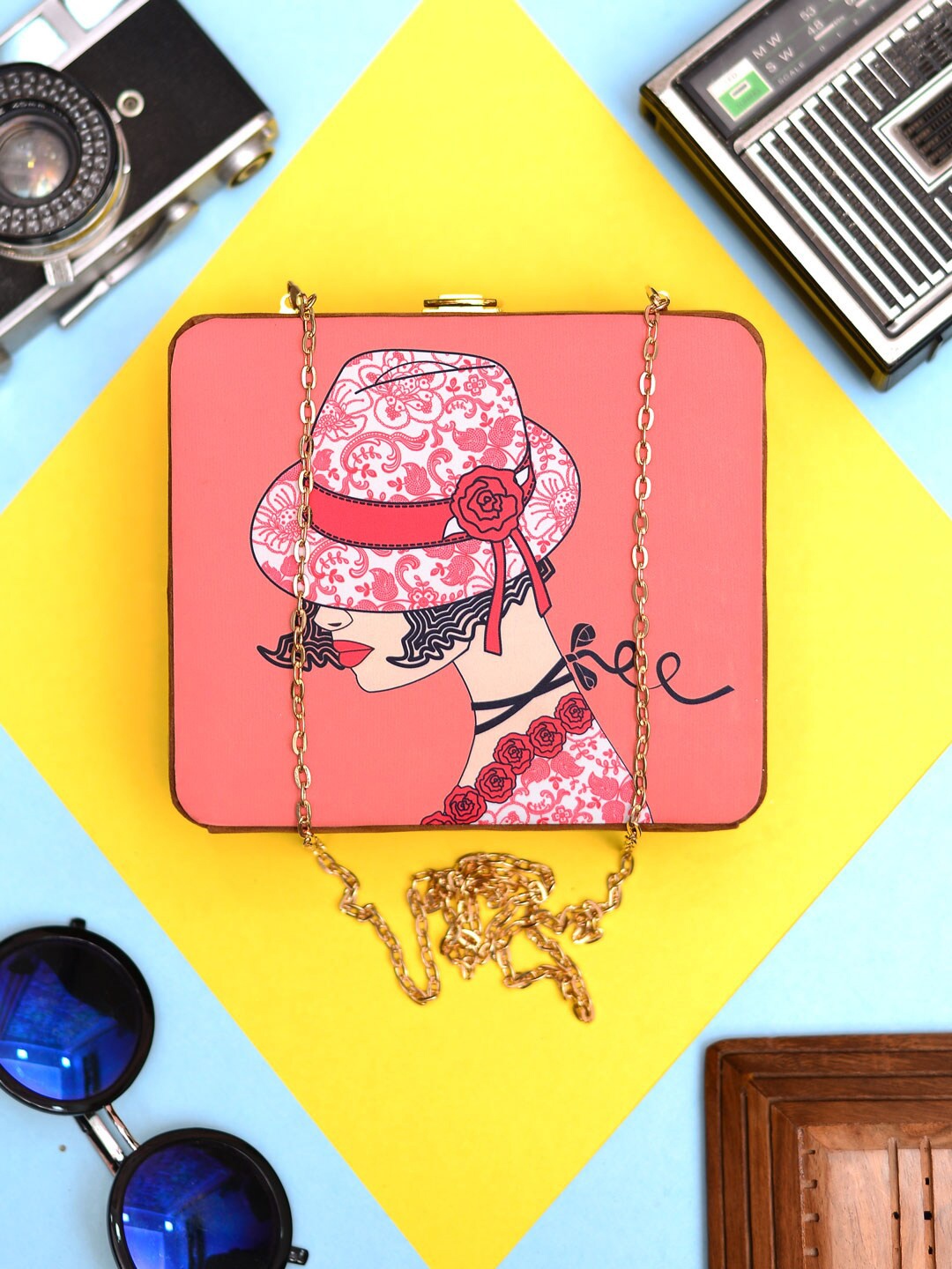 

ARTKLIM Printed Shoulder Strap Box Clutch, Coral