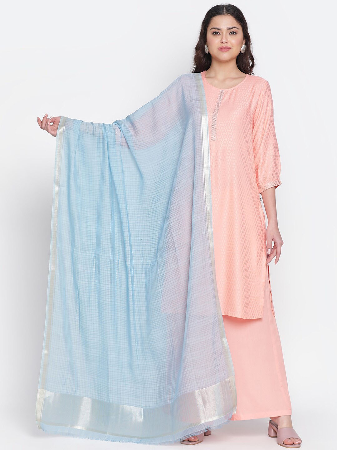 

SHINGORA Checked Dupatta with Zari, Blue
