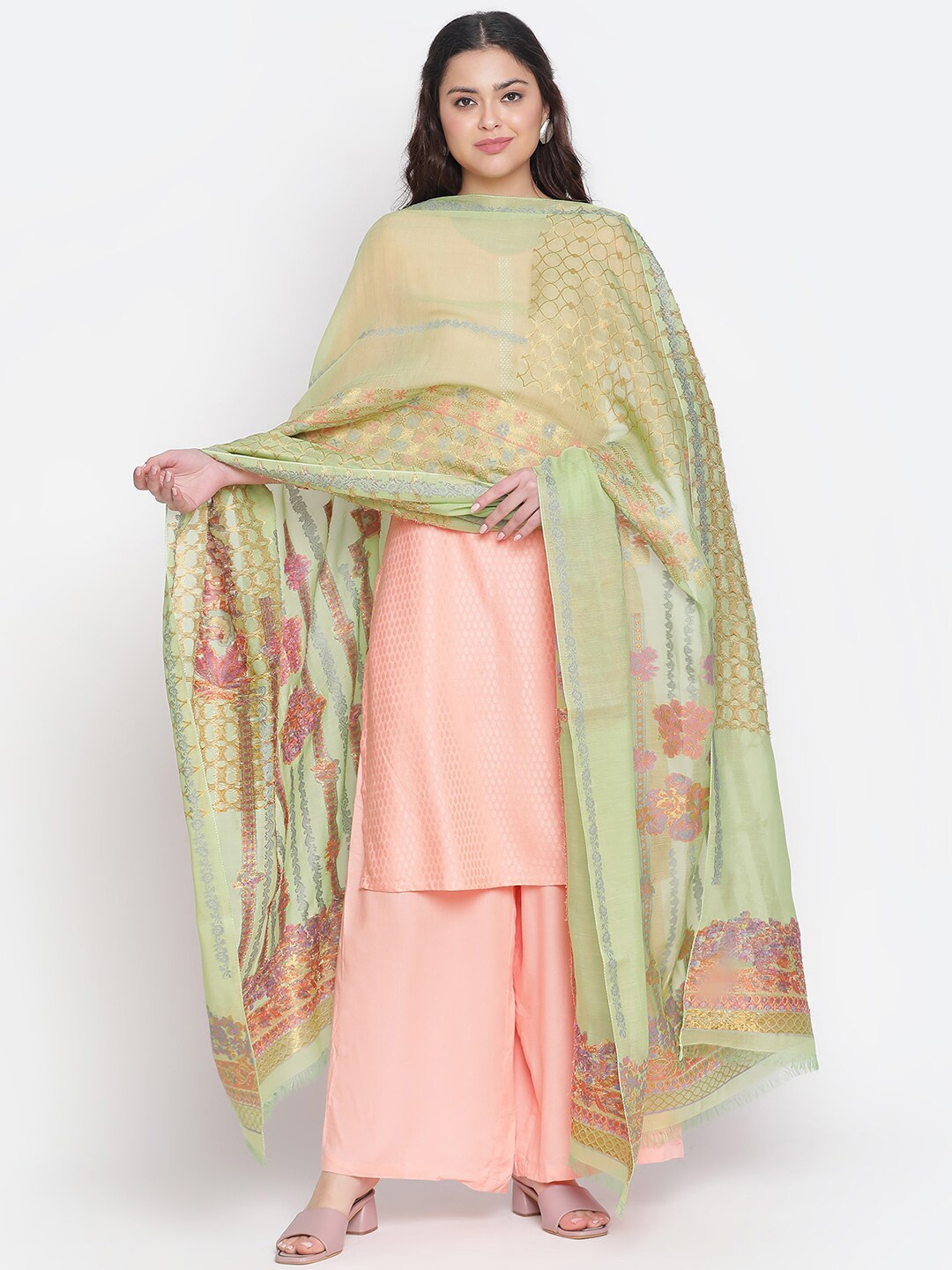 

SHINGORA Woven Design Jacquard Dupatta, Lime green